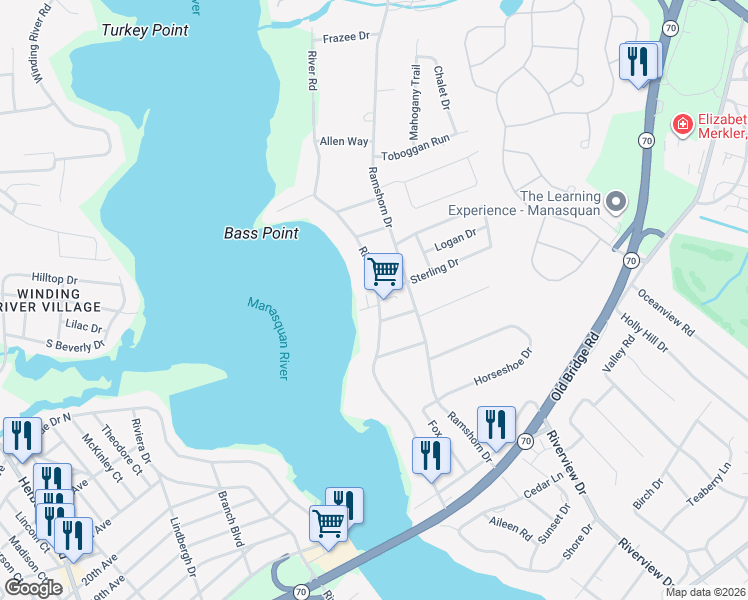 map of restaurants, bars, coffee shops, grocery stores, and more near 2609 River Road in Manasquan