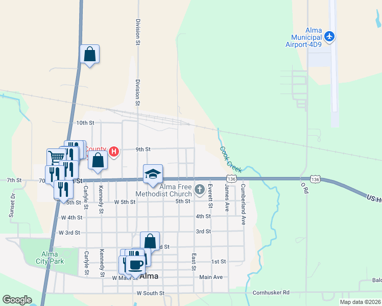 map of restaurants, bars, coffee shops, grocery stores, and more near 807 East Street in Alma