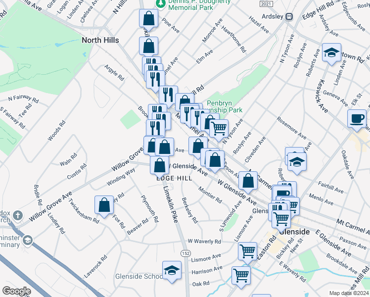 map of restaurants, bars, coffee shops, grocery stores, and more near 513 East Avenue in Glenside