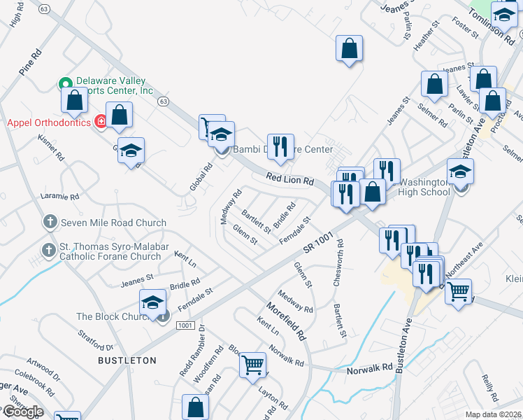 map of restaurants, bars, coffee shops, grocery stores, and more near 9944 Alicia St in Philadelphia