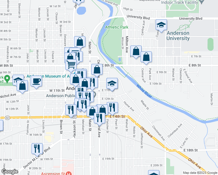 map of restaurants, bars, coffee shops, grocery stores, and more near 302 East 11th Street in Anderson