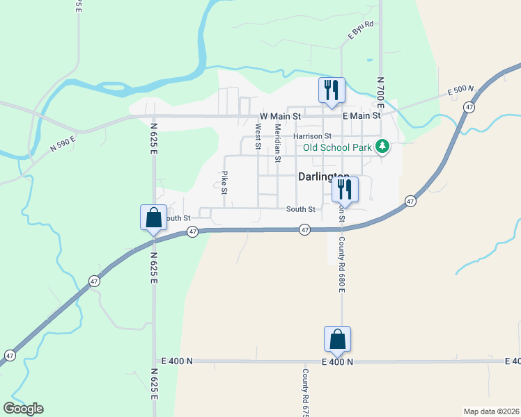 map of restaurants, bars, coffee shops, grocery stores, and more near South Street in Crawfordsville