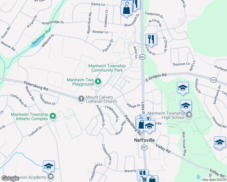 map of restaurants, bars, coffee shops, grocery stores, and more near 107 Baneberry Lane in Lititz