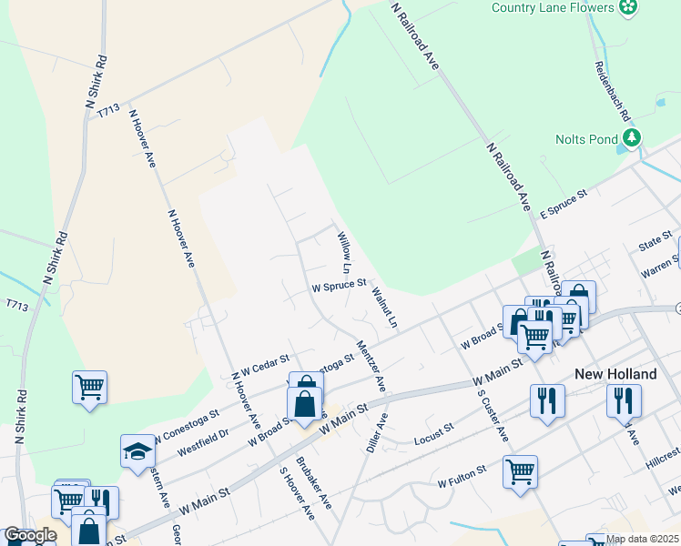 map of restaurants, bars, coffee shops, grocery stores, and more near 302 Willow Lane in New Holland