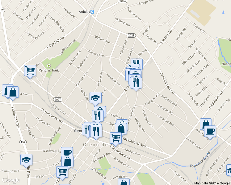 map of restaurants, bars, coffee shops, grocery stores, and more near 2317 Rosemore Avenue in Glenside