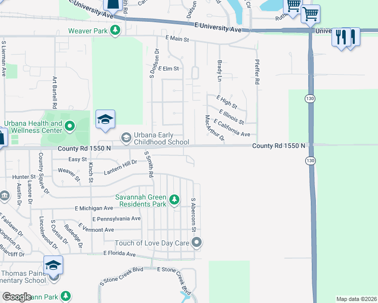 map of restaurants, bars, coffee shops, grocery stores, and more near 2314 Prairie Green Drive in Urbana