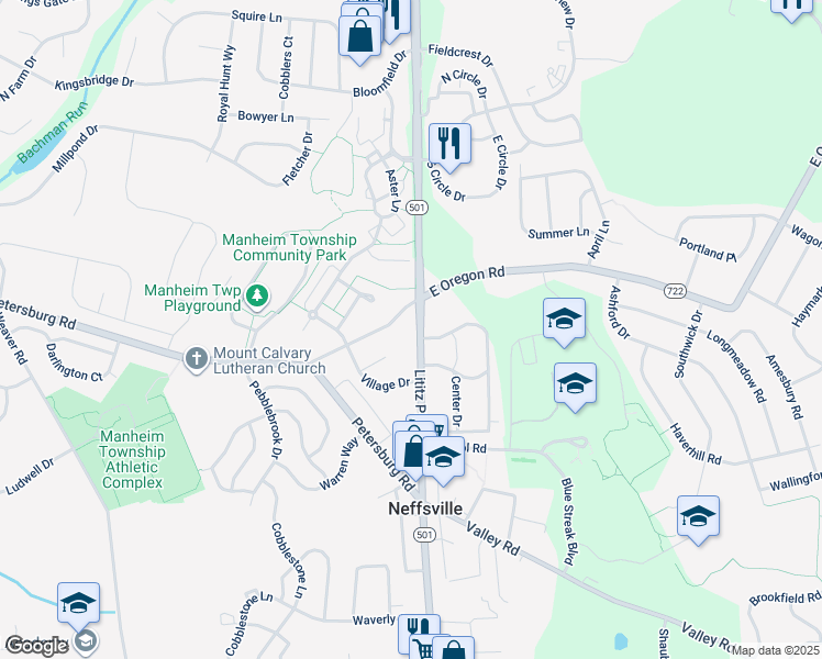 map of restaurants, bars, coffee shops, grocery stores, and more near 2848 Lititz Pike in Lancaster