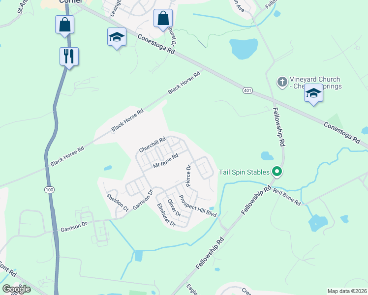 map of restaurants, bars, coffee shops, grocery stores, and more near 607 Churchill Road in Chester Springs