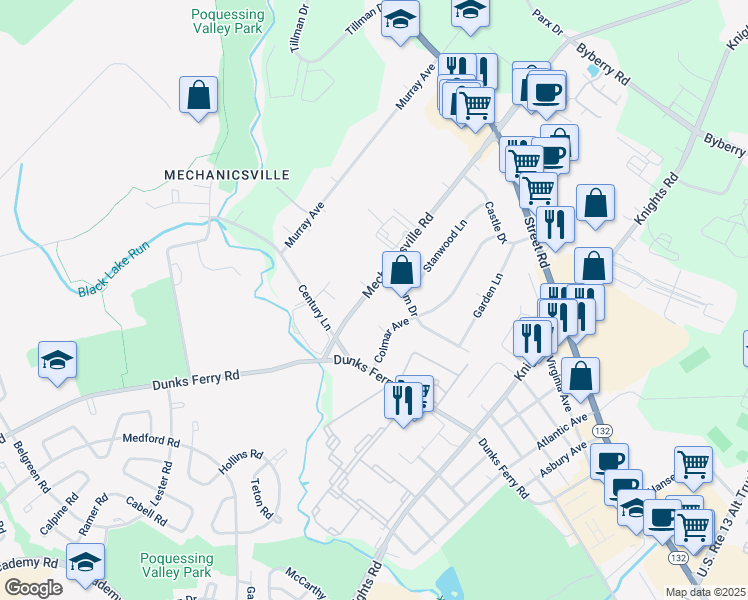 map of restaurants, bars, coffee shops, grocery stores, and more near 2633 Mechanicsville Road in Bucks County