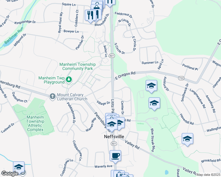 map of restaurants, bars, coffee shops, grocery stores, and more near 2848 Lititz Pike in Lancaster