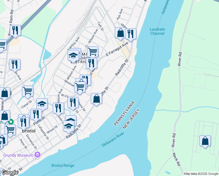 map of restaurants, bars, coffee shops, grocery stores, and more near 16756 River View Circle in Bristol