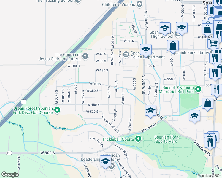 map of restaurants, bars, coffee shops, grocery stores, and more near 337 South 950 West in Spanish Fork