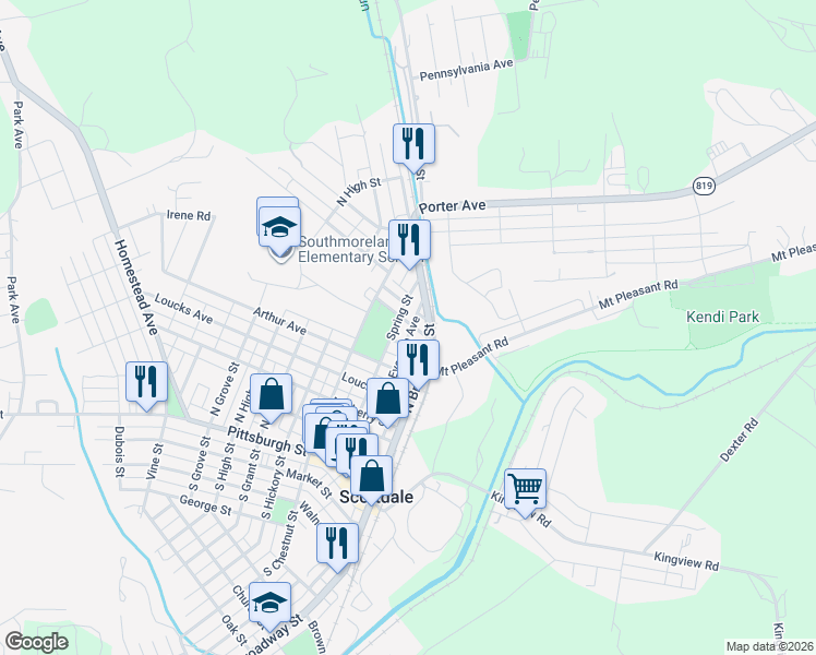 map of restaurants, bars, coffee shops, grocery stores, and more near 105 Park Street in Scottdale