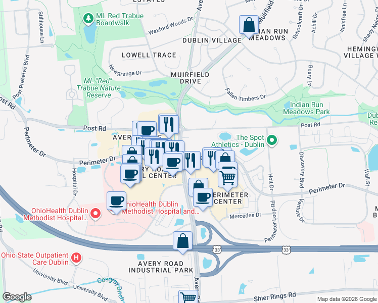 map of restaurants, bars, coffee shops, grocery stores, and more near 6280 Perimeter Drive in Dublin