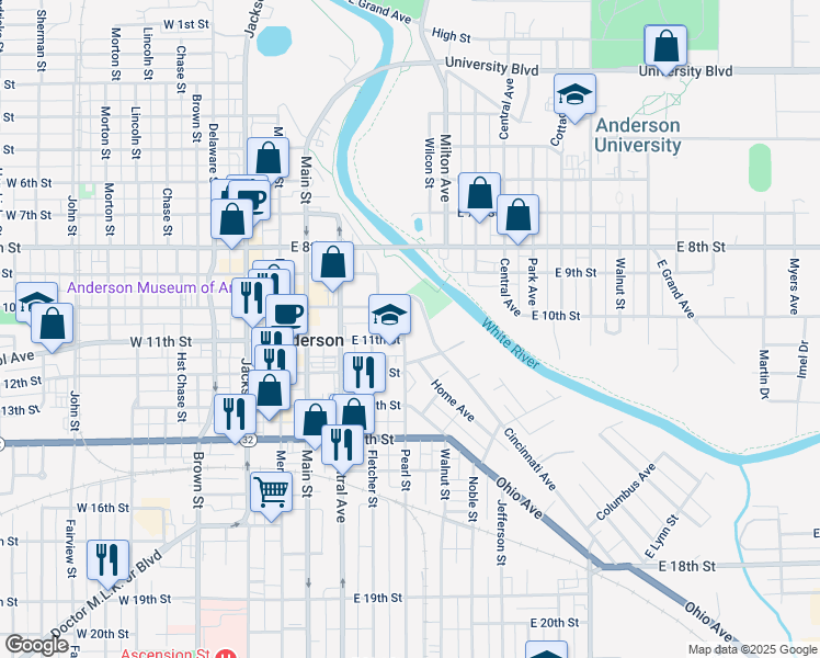 map of restaurants, bars, coffee shops, grocery stores, and more near 1022 Pearl Street in Anderson