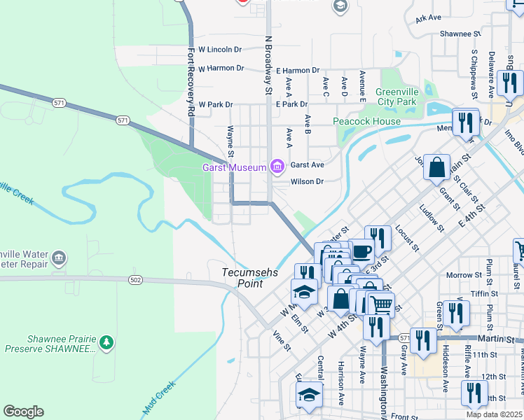 map of restaurants, bars, coffee shops, grocery stores, and more near 107 North Main Street in Greenville