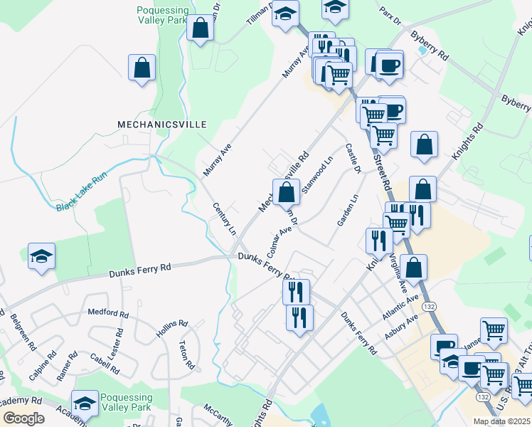 map of restaurants, bars, coffee shops, grocery stores, and more near 2633 Mechanicsville Road in Bucks County