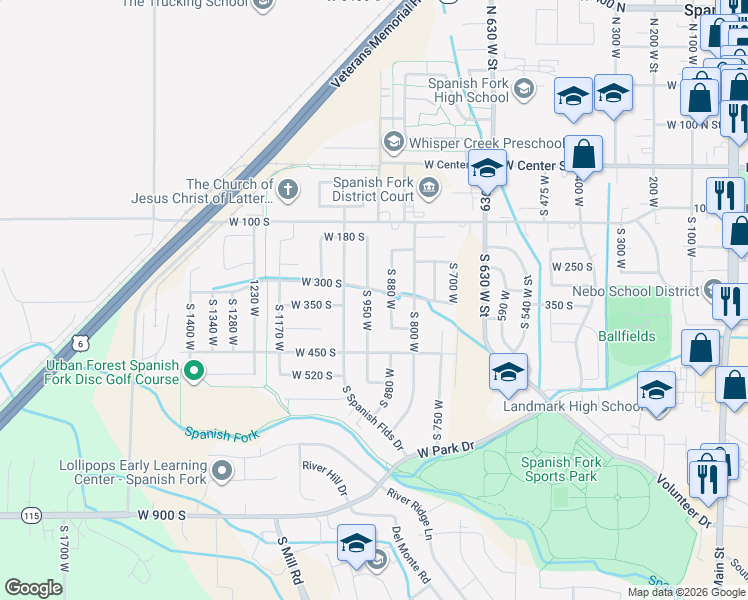 map of restaurants, bars, coffee shops, grocery stores, and more near 337 South 950 West in Spanish Fork