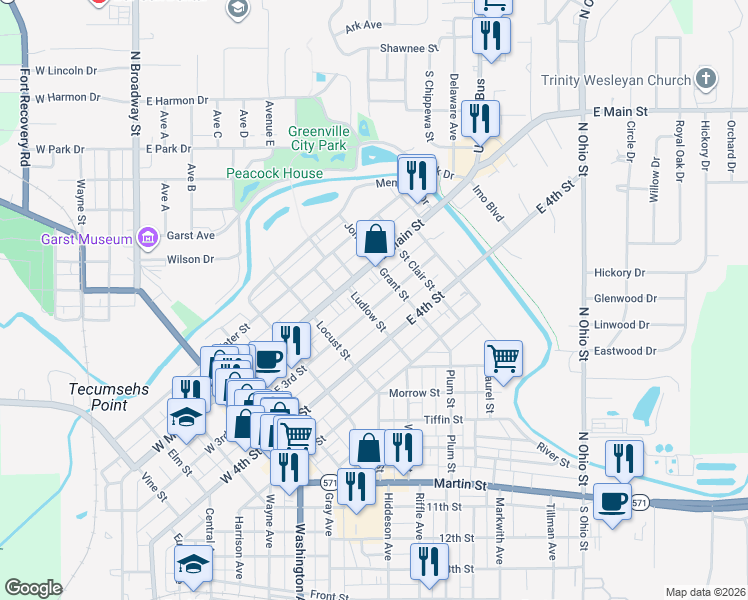 map of restaurants, bars, coffee shops, grocery stores, and more near 510 East 3rd Street in Greenville