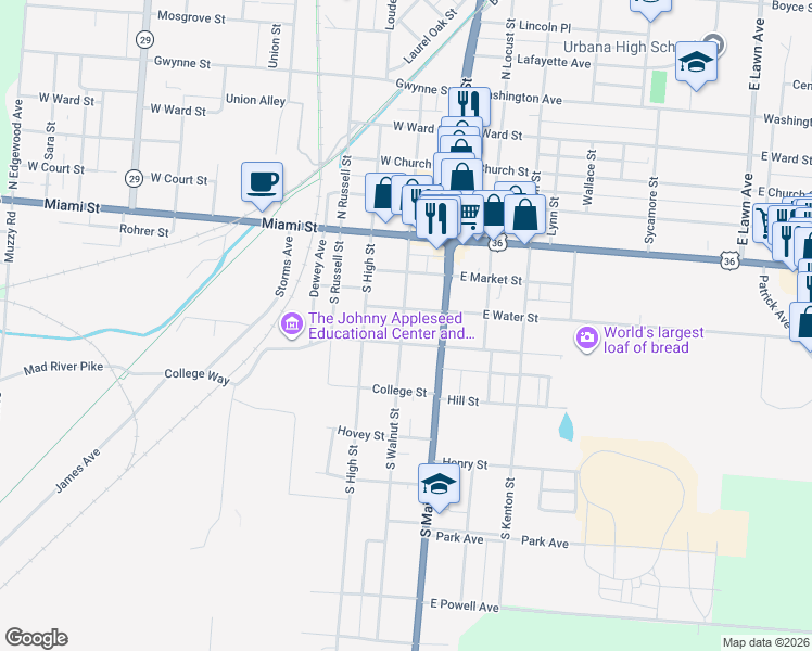 map of restaurants, bars, coffee shops, grocery stores, and more near 317 S Walnut St in Urbana