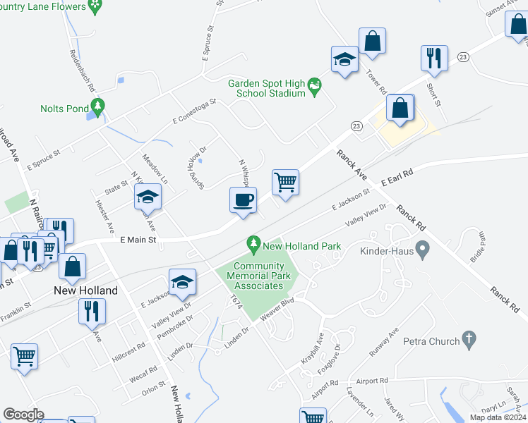 map of restaurants, bars, coffee shops, grocery stores, and more near 21 South Whisper Lane in New Holland