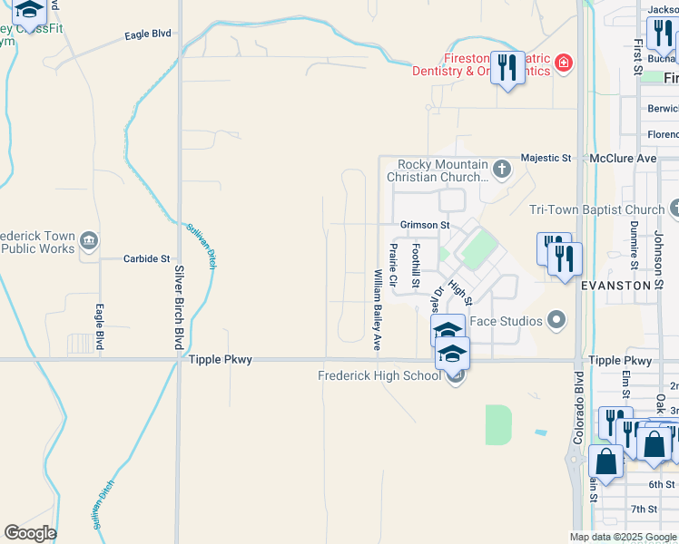 map of restaurants, bars, coffee shops, grocery stores, and more near 7221 Shavano Avenue in Longmont