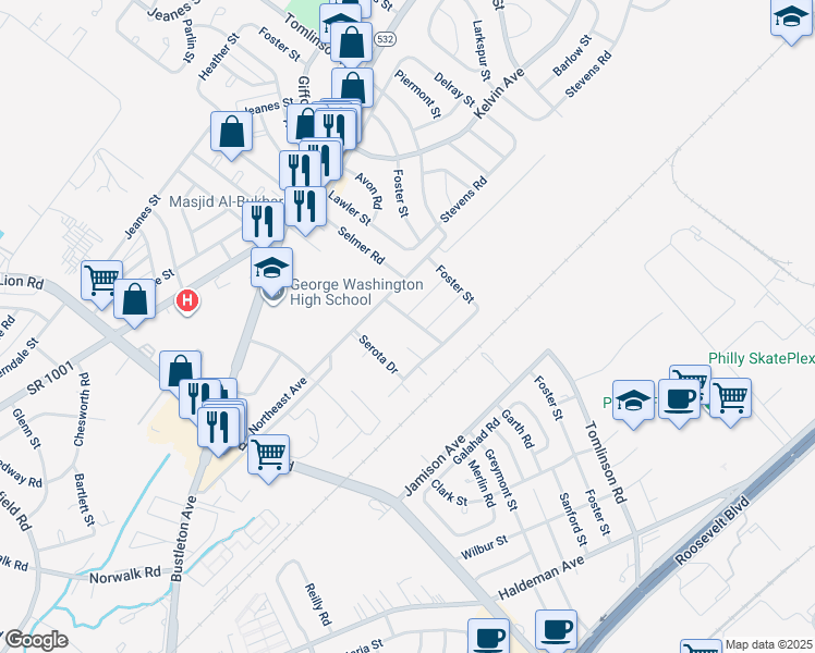 map of restaurants, bars, coffee shops, grocery stores, and more near 10201 Murty Lane in Philadelphia