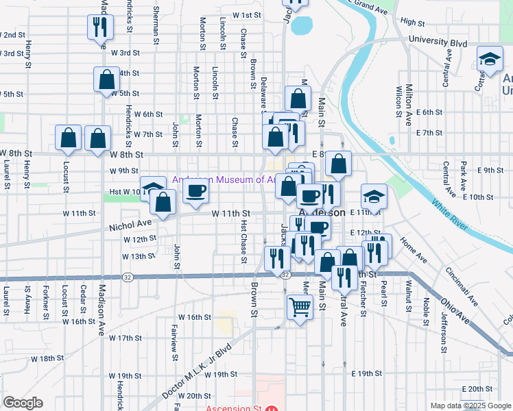 map of restaurants, bars, coffee shops, grocery stores, and more near 1019 Delaware Street in Anderson