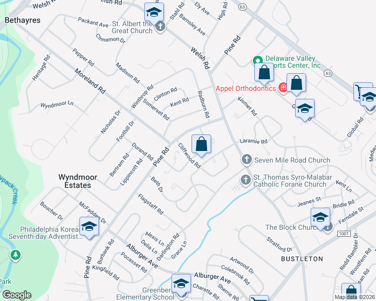 map of restaurants, bars, coffee shops, grocery stores, and more near 107 Cliffwood Road in Philadelphia