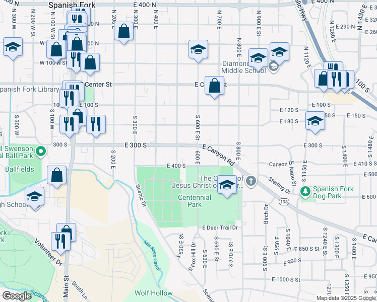 map of restaurants, bars, coffee shops, grocery stores, and more near 560 East 300 South in Spanish Fork
