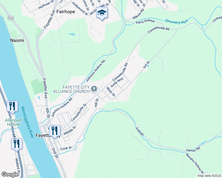 map of restaurants, bars, coffee shops, grocery stores, and more near 1109 Main St in Fayette City
