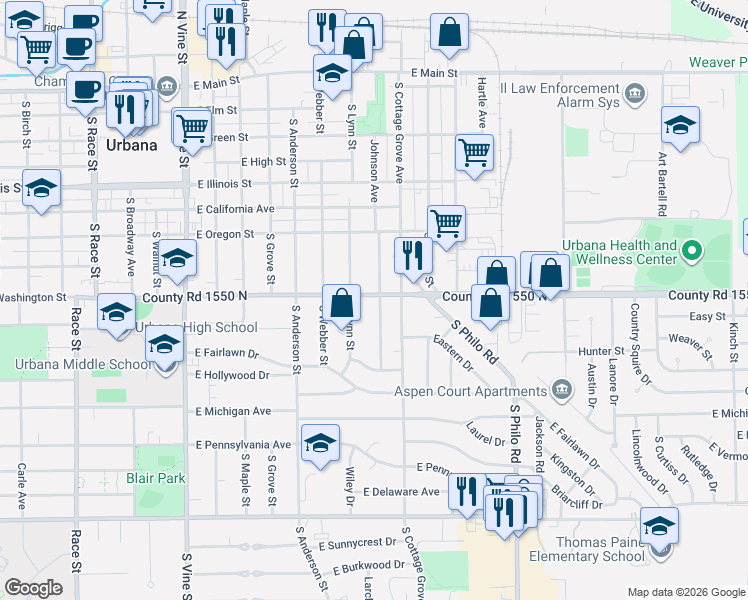 map of restaurants, bars, coffee shops, grocery stores, and more near 909 East Washington Street in Urbana