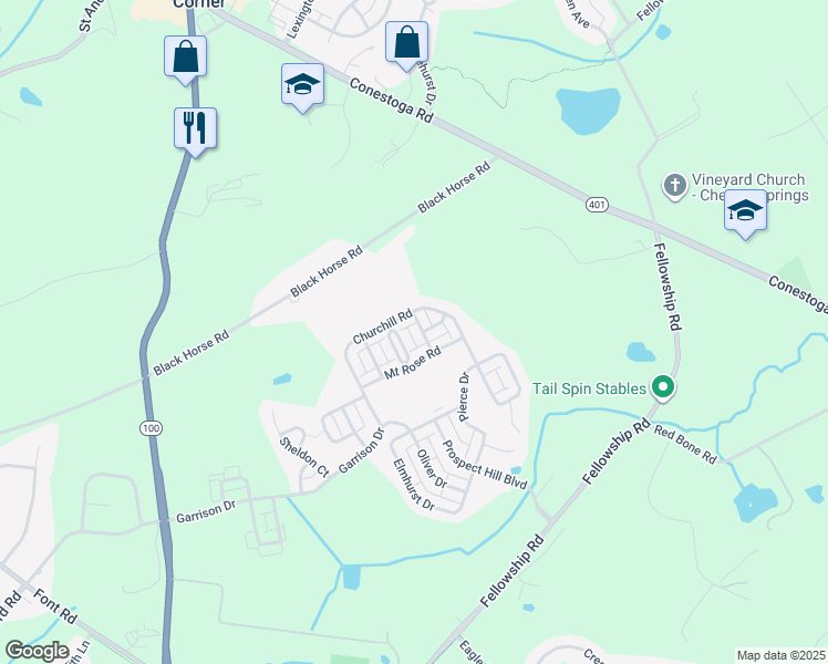 map of restaurants, bars, coffee shops, grocery stores, and more near 1008 Fisher Street in Chester Springs