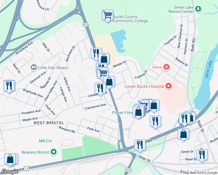 map of restaurants, bars, coffee shops, grocery stores, and more near 800 Veterans Highway in Bristol