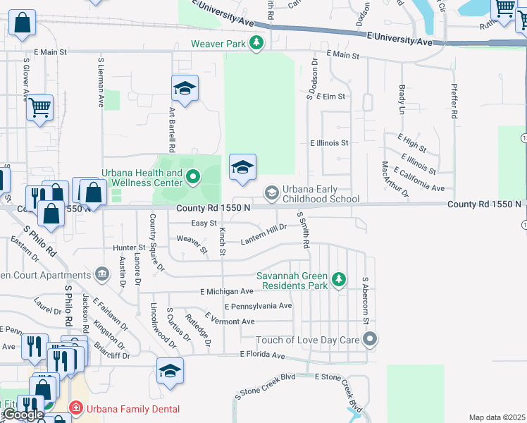 map of restaurants, bars, coffee shops, grocery stores, and more near 2209 East Washington Street in Urbana