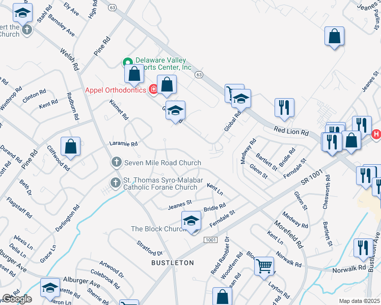 map of restaurants, bars, coffee shops, grocery stores, and more near 649 Kismet Road in Philadelphia