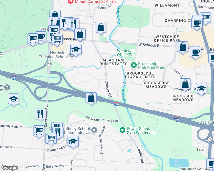 map of restaurants, bars, coffee shops, grocery stores, and more near 6893 Cooper Road in Westerville