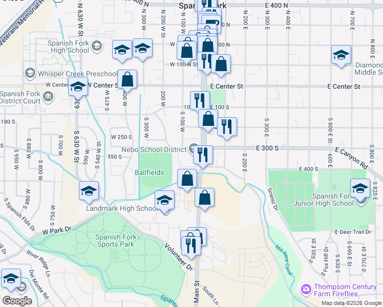 map of restaurants, bars, coffee shops, grocery stores, and more near 343 S Street in Spanish Fork
