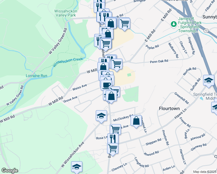 map of restaurants, bars, coffee shops, grocery stores, and more near 1518 Bethlehem Pike in Flourtown