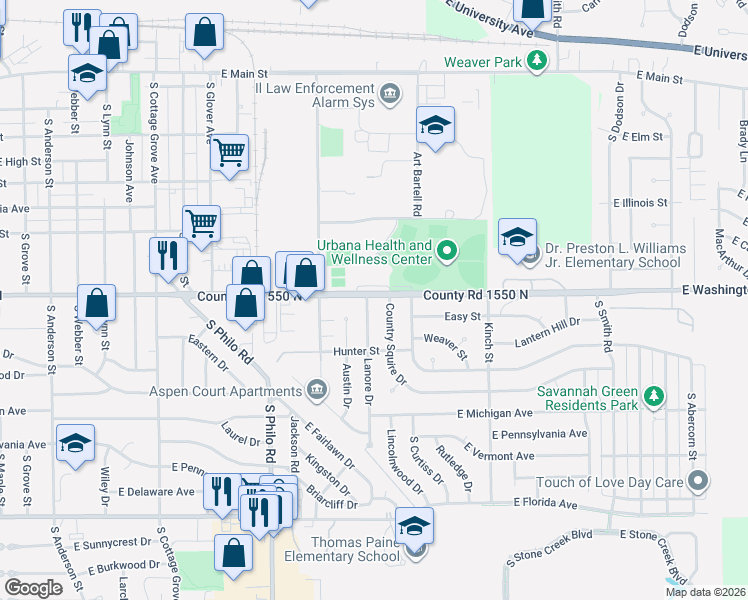 map of restaurants, bars, coffee shops, grocery stores, and more near 1701 East Washington Street in Urbana