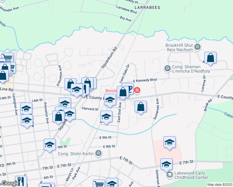 map of restaurants, bars, coffee shops, grocery stores, and more near 7 Kew Gardens Drive in Lakewood