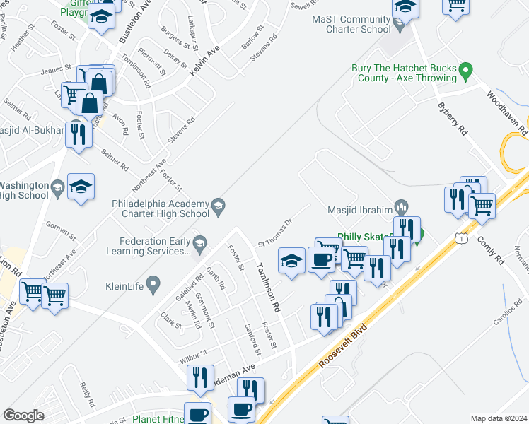 map of restaurants, bars, coffee shops, grocery stores, and more near 1771 Tomlinson Road in Philadelphia