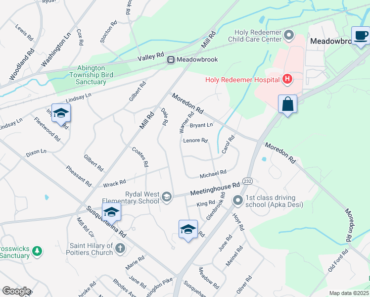 map of restaurants, bars, coffee shops, grocery stores, and more near 1349 Warner Road in Meadowbrook
