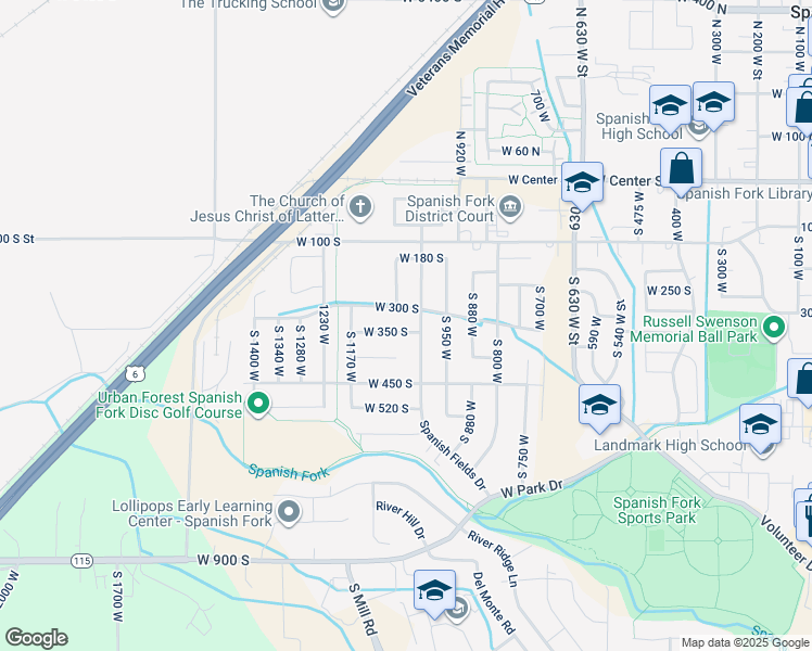 map of restaurants, bars, coffee shops, grocery stores, and more near 1026 West 350 South in Spanish Fork