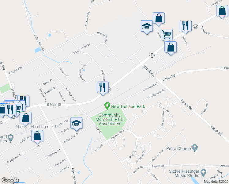 map of restaurants, bars, coffee shops, grocery stores, and more near 526 East Main Street in New Holland
