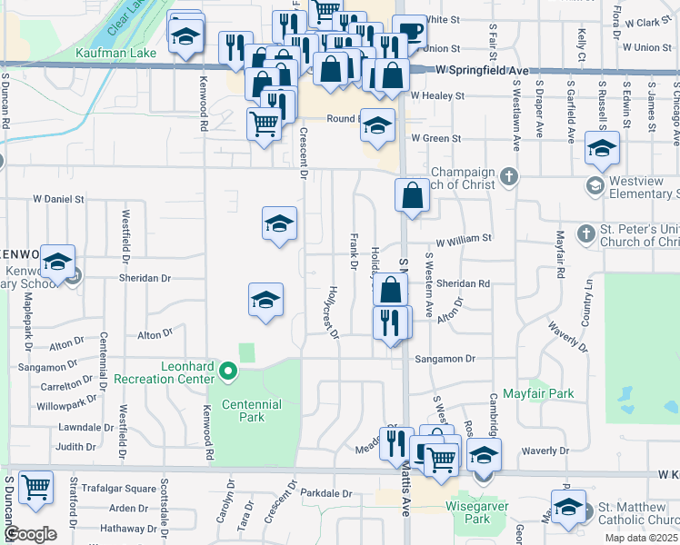 map of restaurants, bars, coffee shops, grocery stores, and more near 1006 Hollycrest Drive in Champaign