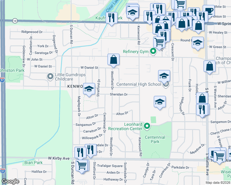 map of restaurants, bars, coffee shops, grocery stores, and more near 915 Westfield Drive in Champaign