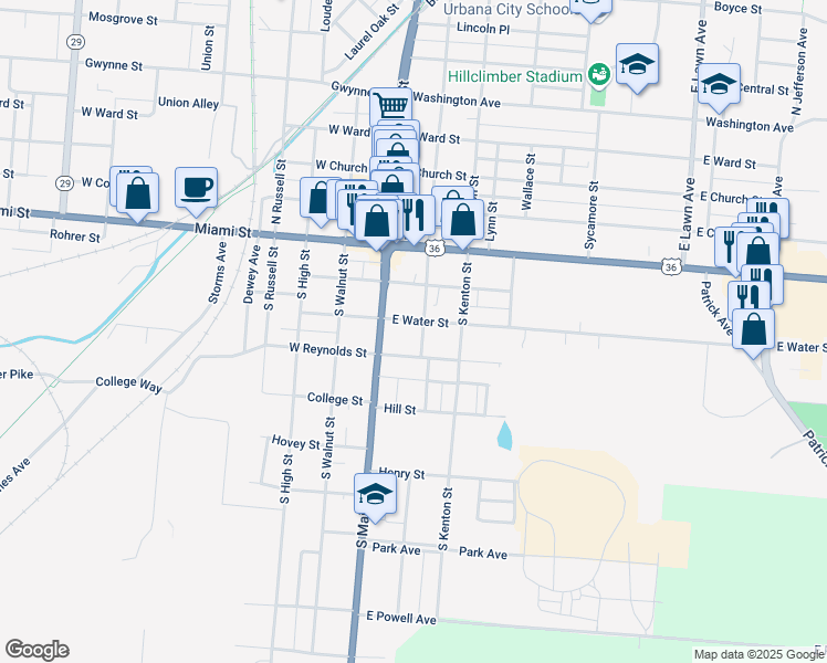 map of restaurants, bars, coffee shops, grocery stores, and more near 201 East Water Street in Urbana