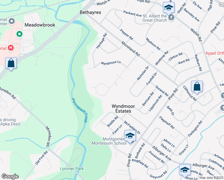 map of restaurants, bars, coffee shops, grocery stores, and more near 1825 Melmar Road in Montgomery County