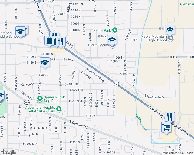 map of restaurants, bars, coffee shops, grocery stores, and more near 1672 Mountain View Drive in Spanish Fork